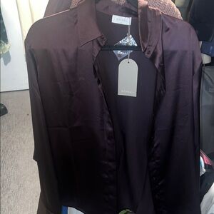 NWT Meshki Deep Purple Satin button up shirt and wide leg pants set